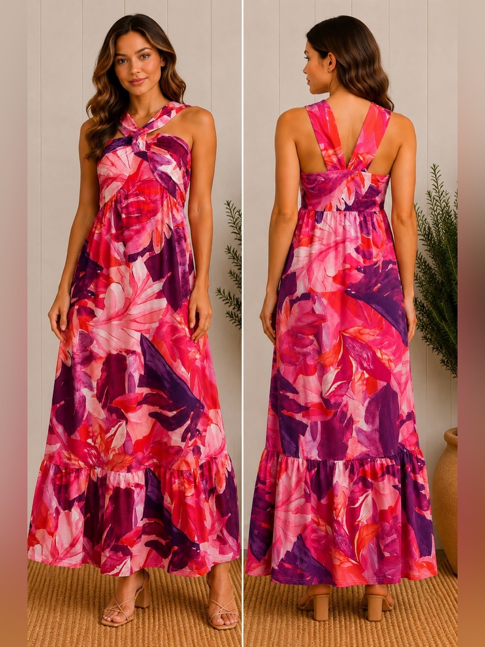 Tropical Floral Halter Maxi Dress Resortwear Colorful Dopamine Summer Bold Small